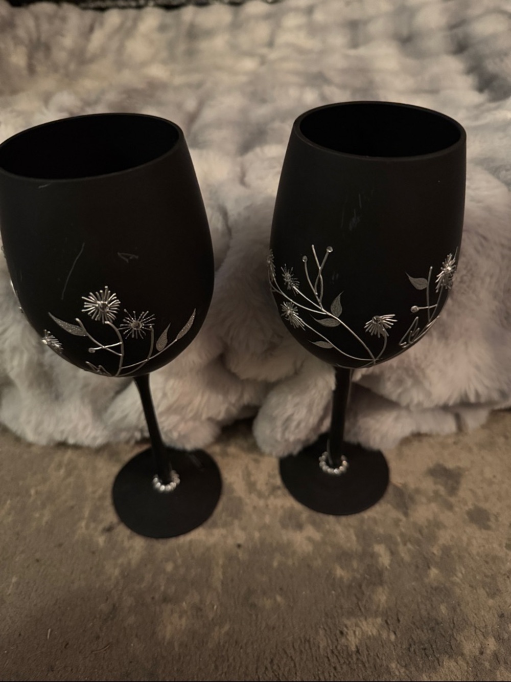 Source Unknown Black Matte Wine Glasses with Silver Floral Accents